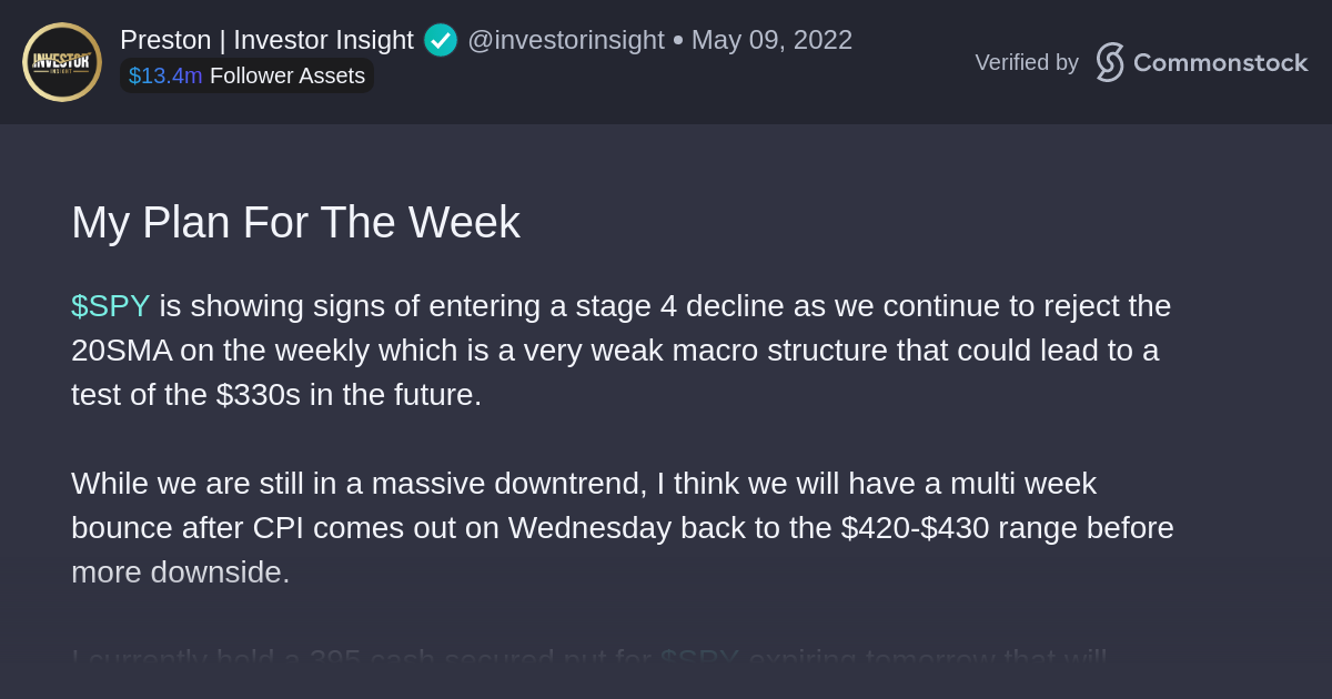 Post by Preston | Investor Insight | Commonstock | My Plan For The Week