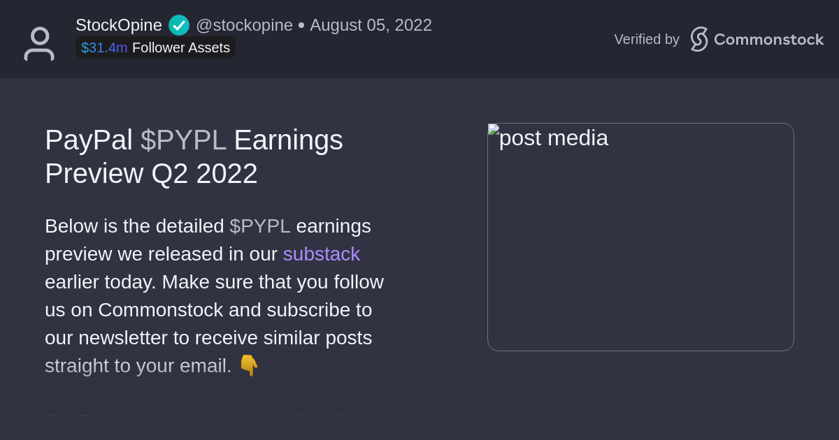 Post by StockOpine Commonstock PayPal PYPL Earnings Preview Q2 2022