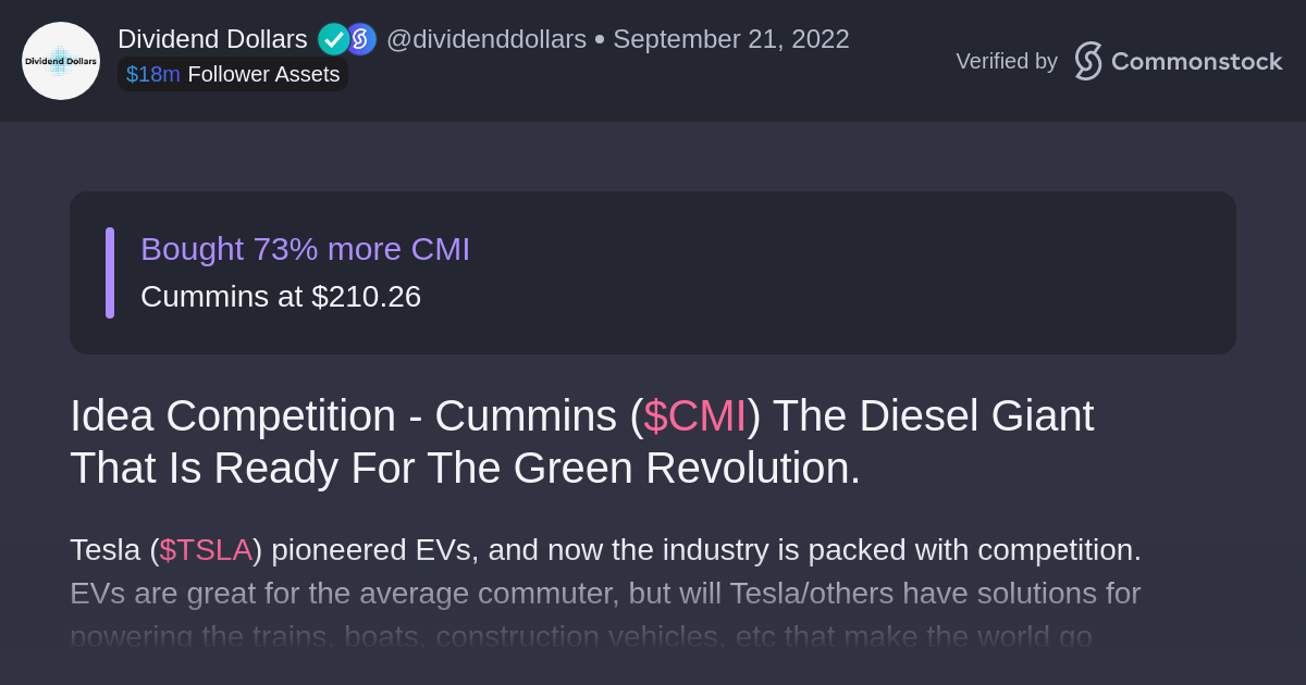 Post by Dividend Dollars | Commonstock | Idea Competition - Cummins ($CMI) The Diesel Giant That Is Ready For The Green Revolution.