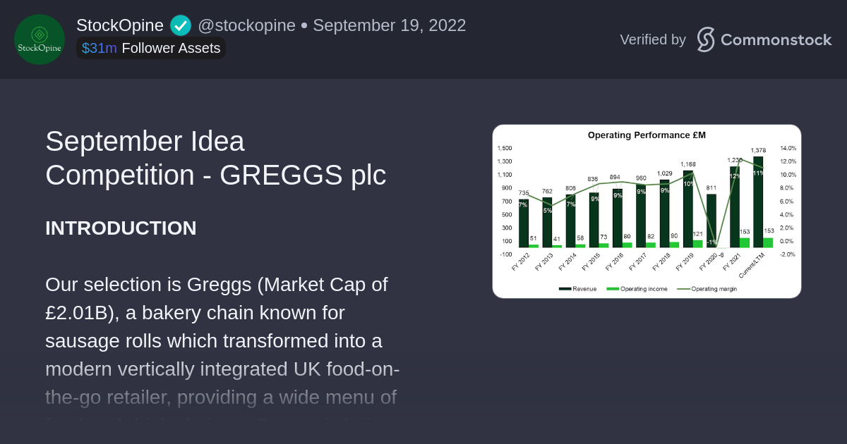 Post by StockOpine | Commonstock | September Idea Competition - GREGGS plc (LSE: GRG)