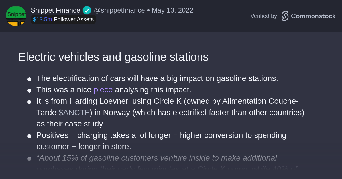 Post by Snippet Finance | Commonstock | Electric vehicles and gasoline stations