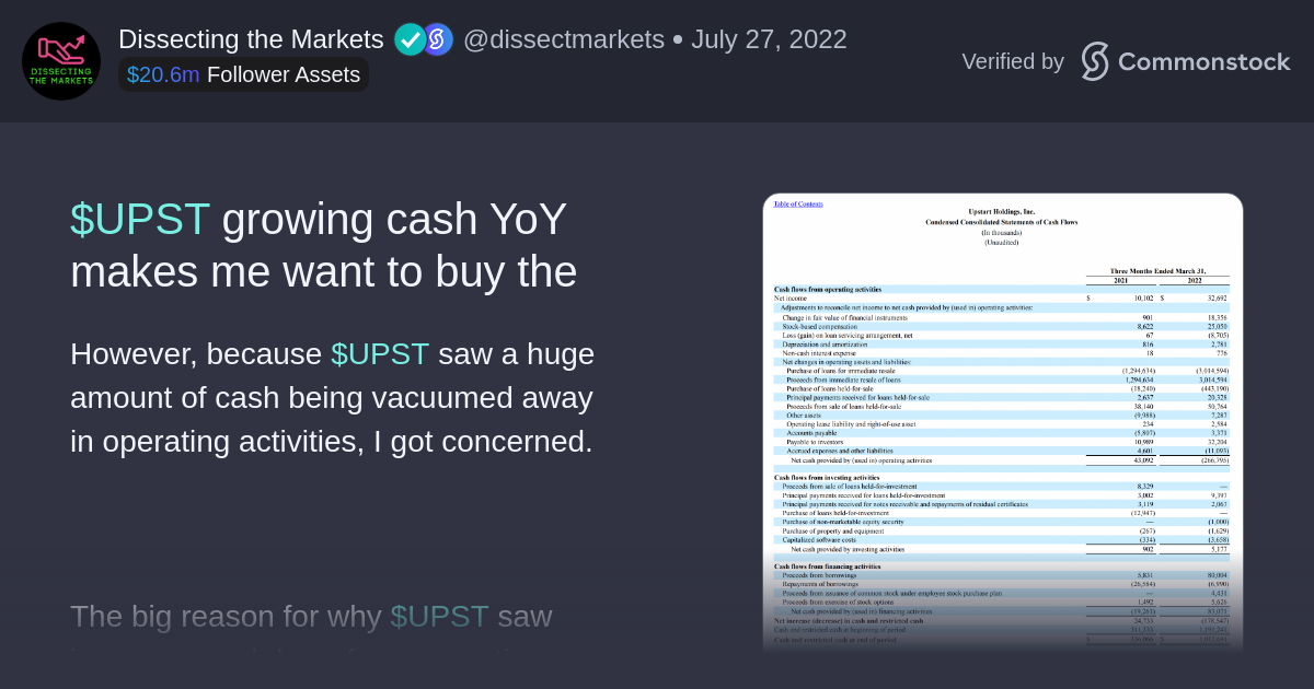 Post by Dissecting the Markets | Commonstock | $UPST growing cash YoY makes me want to buy the dip, however